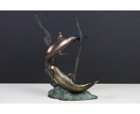 Patinated Bronze Sculpture of Two Dolphins amongst sea grasses, 20cm high 