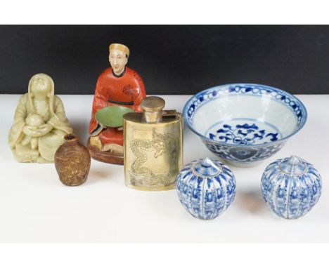 Chinese blue and white footed bowl with painted seal mark to base, together with two small gourd vases, chinese dragon flask,