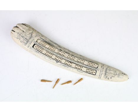 'Ship Beatrice' faux scrimshaw resin cribbage board, approx 36cm long 