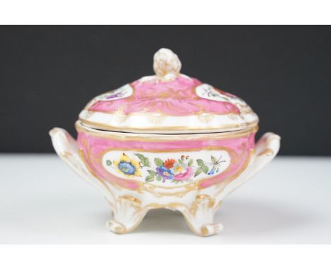 19th Century Swansea porcelain sugar bowl having twin handles and moulded finial handle to top with a pink ground and floral 