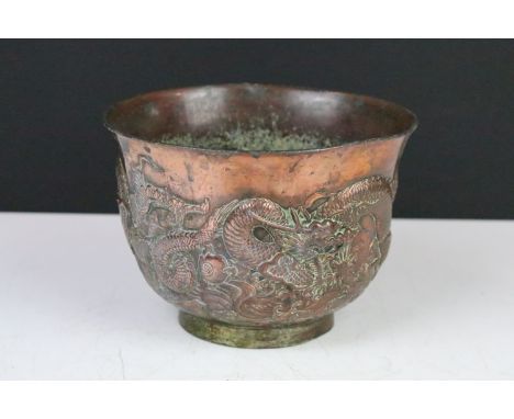 Chinese bronze planter with relief dragon decoration, approx 10cm high 