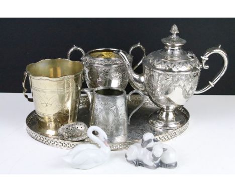 Collection of silverplate to include teapot and sugar bowl by Henry Wilkinson, cream jug, tray with gallery sides and hedgeho