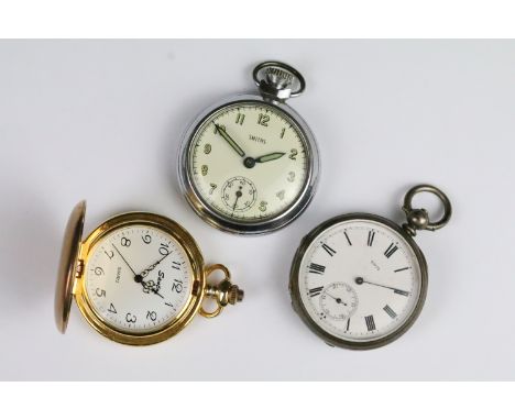 Three vintage pocket watches to include a silver open faced pocket watch with engine turned case (marked fine silver to inner