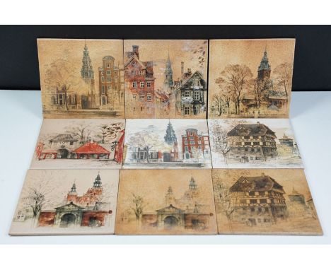 Set of nine Italian ' Semigres ' wall tiles, all with continental town scene designs, each tile 15cm x 15cm 