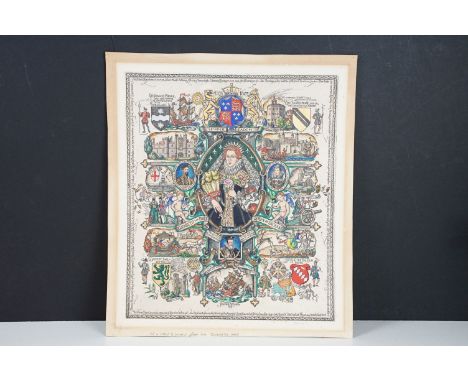 Isabel Saul (1895 - 1982), Queen Elizabeth I, her patrons and other important figures from the period, hand-coloured etching 