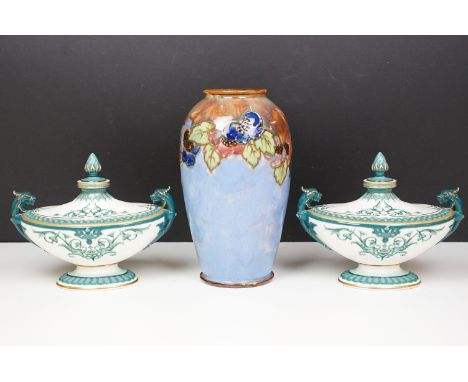 Early 20th Century Royal Doulton stoneware vase with tube lined detailing, together with a pair of Hadley's Worcester mantle 