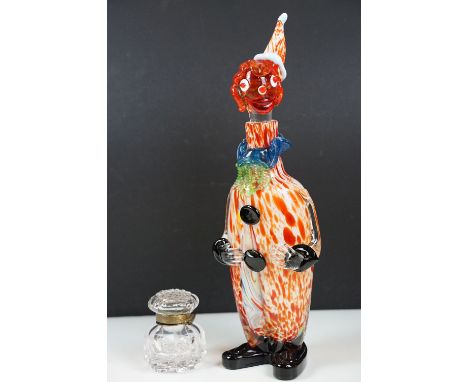 Large Murano venetian glass decanter in the form of a clown, together with a faceted glass ink well. Decanter measures 41cm t