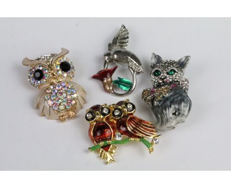 Four Large Costume Jewellery Brooches including two enamel and crystal in the form of Owls, another enamel and crystal in the