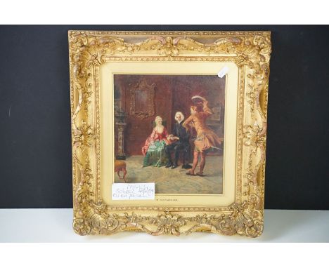 Continental School, interior study with figures, oil on board, signed lower right and gilt mount, R. Nathonier, 24.5 x 22cm, 