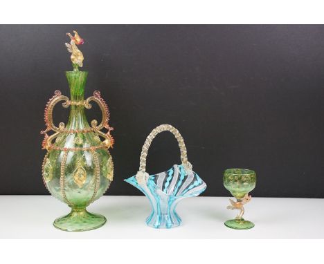 Collection of antique Venetian glass to include a Salviati green and pink glass dragon decanter with trailed detailing to the