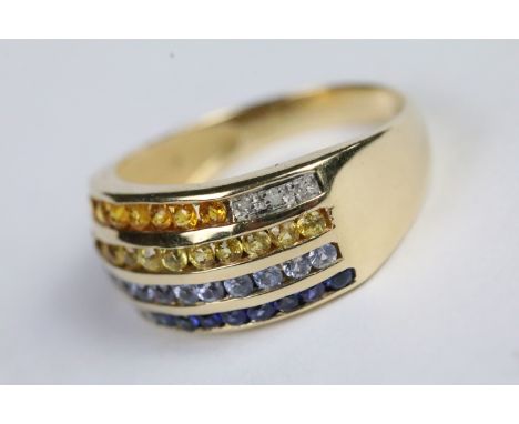 14ct yellow gold multi stone ring to include sapphire, diamond and citrines 