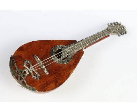 Miniature Novelty Silver and Maple Wood Mandolin, 11cm long 