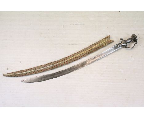 Afghan Pulwar sword complete with single edges curved blade and cloth covered scabbard. 