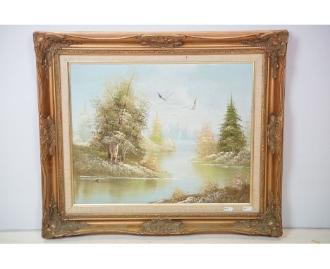 R Wood, river scene, oil on canvas, signed lower left, 39.5 x 49.5cm, gilt framed 