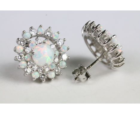 Pair of large silver CZ and opal stud earrings 