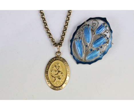 9ct gold St Christopher pendant necklace mounted to a belcher link chain with a spring ring clasp (marked 9k to clasp). Toget