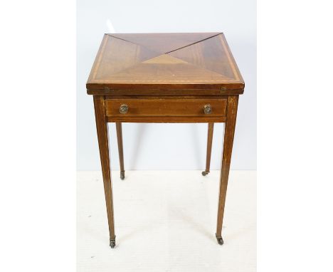Late 19th century mahogany inlaid card table, the swivel top with four triangular sections opening to reveal green baize, wit