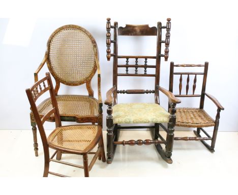 19th century Continental painted open armchair, with canework back and seat on turned legs, 96cm high x 55cm wide x 44.5cm de