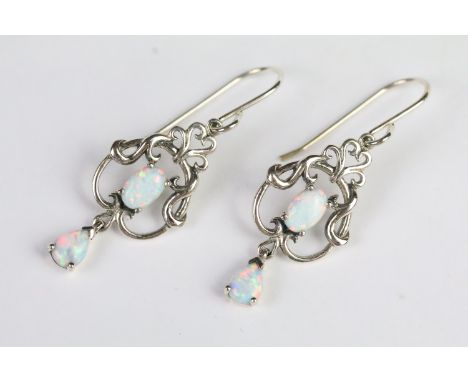 Pair of silver and opal belle epoque style drop earring 