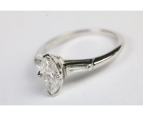Platinum mounted diamond marquise diamond ring. Fracture filled.&nbsp;
