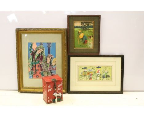 Four vintage Anglo Indian items to include: an oil painting of crop pickers, a pastel of dancing girls, a watercolour of Roya