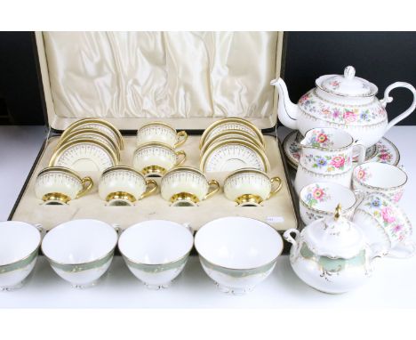Grafton China 'Malvern' tea set service with floral and gilt borders to include tea pot, coffee pot, milk jug, cream jug, sev