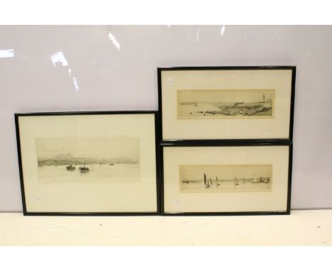 William Lionel Wyllie, Ra Ri Re, c1900 'The Forth' framed etching along with two smaller etchings of Plymouth harbour by Rowl