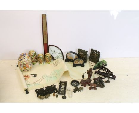 Collection of Chinese oriental collectables to include Chinese scroll, hand painted decorative fan, ceramic eggs, carved wood