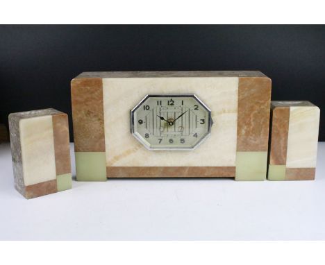 Art Deco large onyx and marble three piece mantel clock. 21cm high x 56cm wide (including side pieces) x 10cm deep 