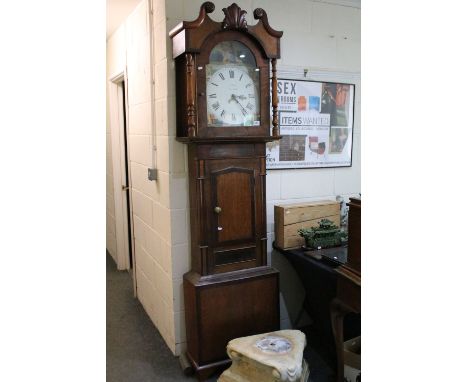 19th Century J Reed of Brampton longcase clock having a hand painted classical scene depicting a harp player with a painted r