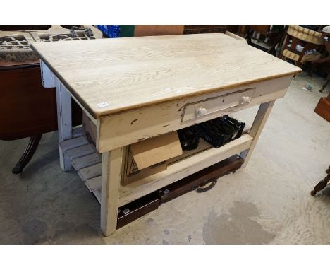 Vintage part painted large kitchen work table with single utensil drawer and slatted base 