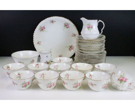 Crown Staffordshire pretty pink rose floral tea set with gold wave edging. two large plates with eleven side plates, twelve s