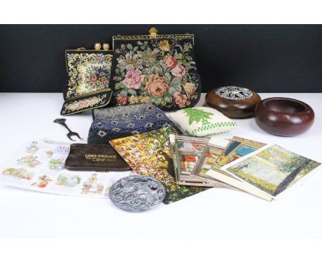 A small group of mixed collectables to include vintage beaded clutch bags, pot porri bowls and postcards. 