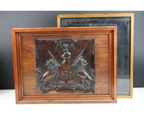 Intricate gothic architectural wood carved panel in glass display case along with a 'Hold fast' motto wood panel carving in f