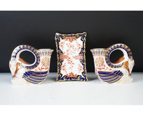Royal Crown Derby pair of 'Winged ram' candle holders 10cm x 11cm with small Royal Crown Derby rectangular Imari pattern trin