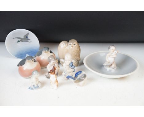Assortment of Denmark and Royal Copenhagen children and animal figurines to include a child and duck trinket dish, 3232 signe