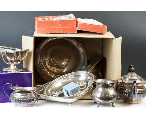 20th century vintage silver plate various items comprising of tea pot, bon bon dishes, sugar tongues, napkin rings, salt and 