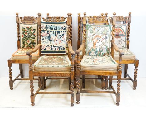 Set of six 20th century carved oak barley twist dining room chairs with ornate handsewn tapestry cushion seats and backs. 102