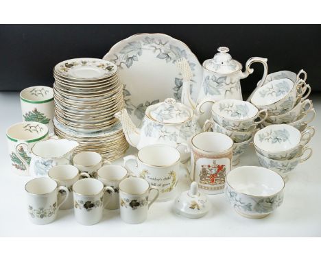 Royal Albert 'Silver Maple' bone China tea service with leaf and gilt design. tea pot, coffee pot, cake plate, sugar bowl, mi