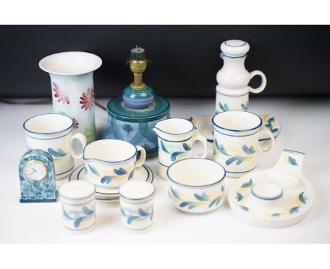 Selection of Jersey pottery to include table lamp base, two mugs, salt and pepper shakers, egg cup holder, cream jug, milk ju