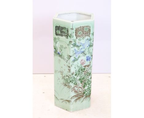 19th Century Chinese ceramic stick stand having a hexagonal body with celadon glaze and hand painted floral and foliate detai