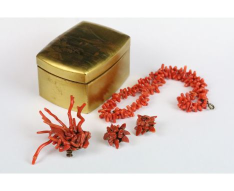 Vintage brass and coral necklace, pair of clip on earrings and matching brooch, housed in a gold Japanese inspired landscape 