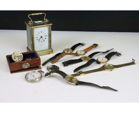 A small collection of mainly vintage gents wristwatches together with a carriage clock. 