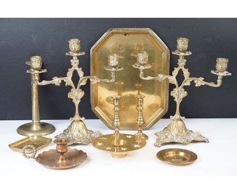 Art Nouveau style brass candle sticks with other candle holders, tray and trinket trays. 