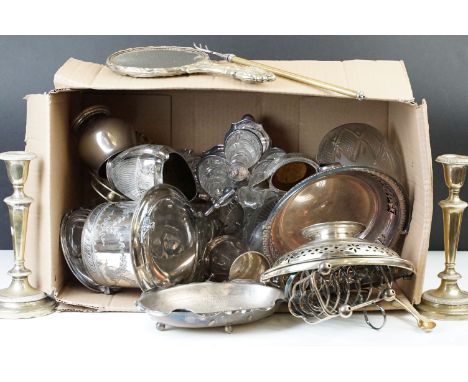 Large collection of silver plate and glass items, to include art nouveau hand mirror, candle sticks, bon bon trays, toast rac