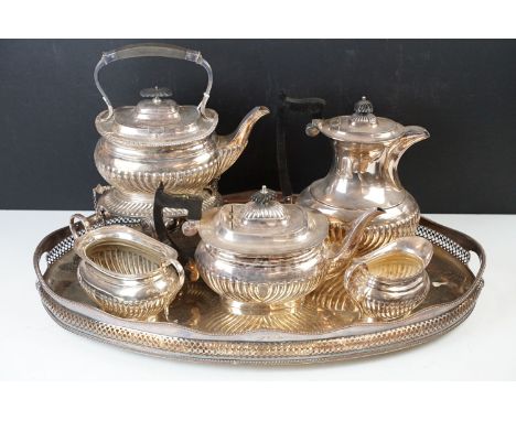 Vintage Sheffield England tea set on tray, Georgian style, to include tea pot, coffee pot, pot warmer stand, creamer and suga