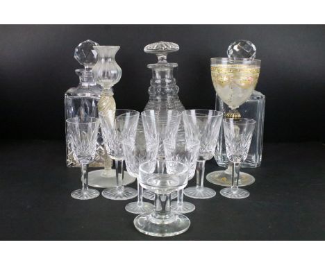 Cut crystal glass square cut spirit decanter with twelve wine glasses, seven sherry glasses and six liqueur glasses with box 