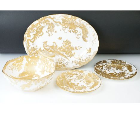 Royal Crown Derby 'Gold Aves' exotic bird gold design fruit bowl with two plates and large oval serving platter along with tw