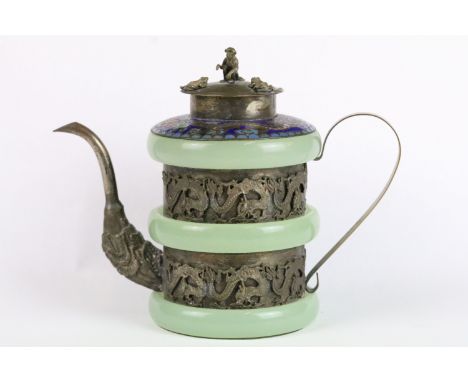 A Chinese Jade, white metal and enamel teapot with monkey finial, stands approx 11cm in height. 