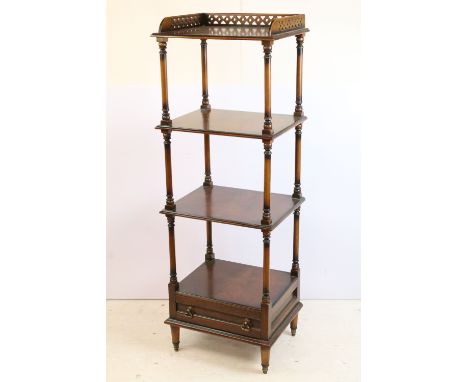 Mahogany 4 tier what not stand shelf display unit with drawer to bottom, with fret work cut out carving to top. 34cm high x 4